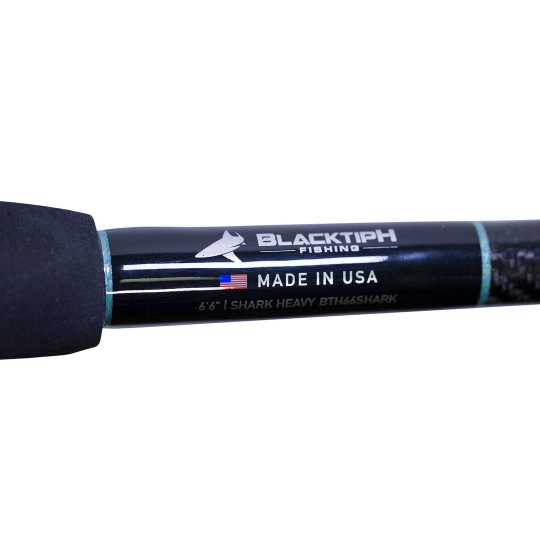 BlacktipH shark fishing rod with Winthrop Terminator butt and carbon fiber wrap, designed for deep-sea shark fishing.