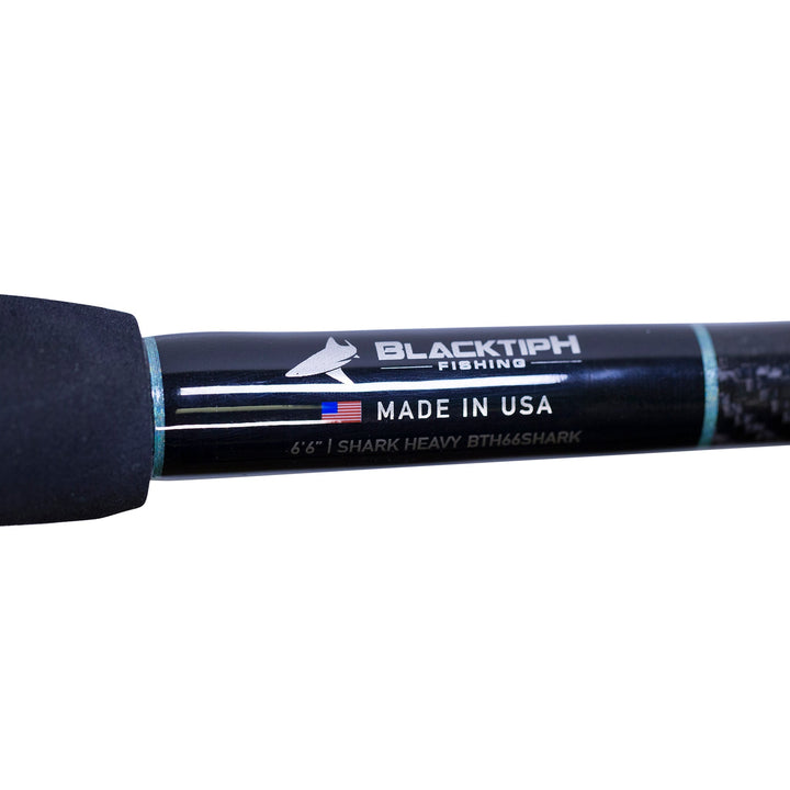 BlacktipH shark fishing rod with Winthrop Terminator butt and carbon fiber wrap, designed for deep-sea shark fishing.