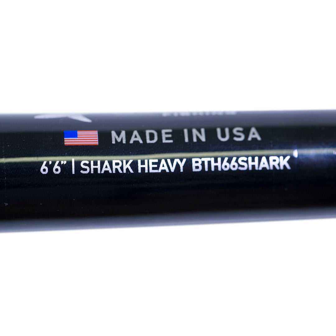 BlacktipH shark fishing rod with Winthrop Terminator butt and carbon fiber wrap, designed for deep-sea shark fishing.