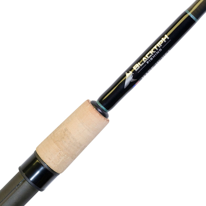 BlacktipH split-grip 6-12lb spinning fishing rod with graphite reel seat, showing the handle and rod construction.