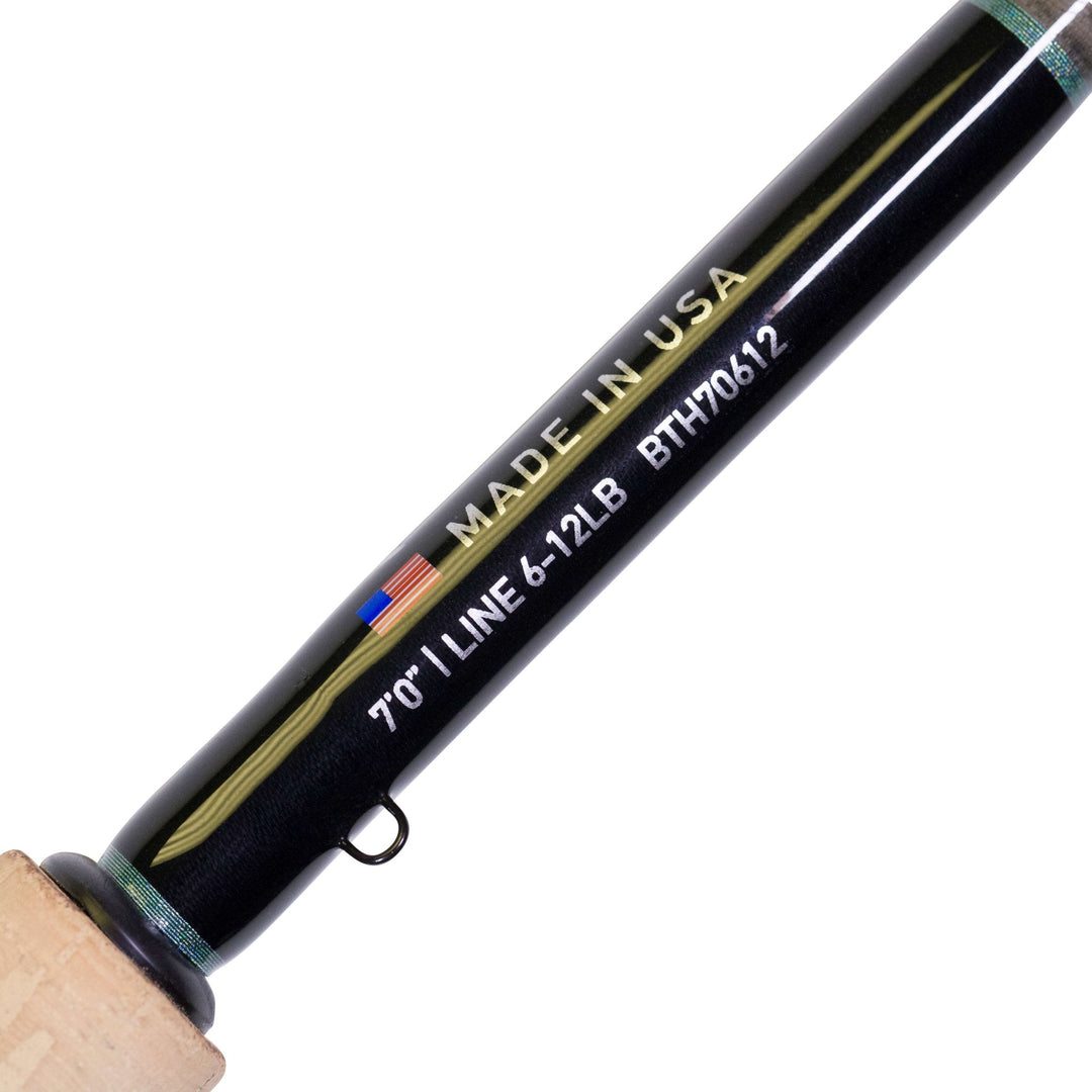 BlacktipH split-grip spinning fishing rod with 6-12lb line capacity and graphite reel seat, designed for freshwater fishing.