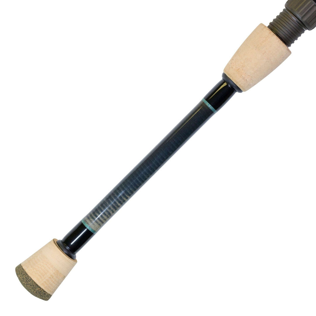 BlacktipH split-grip spinning fishing rod with graphite reel seat, 6-12lb line weight, black finish, and ergonomic handle design.