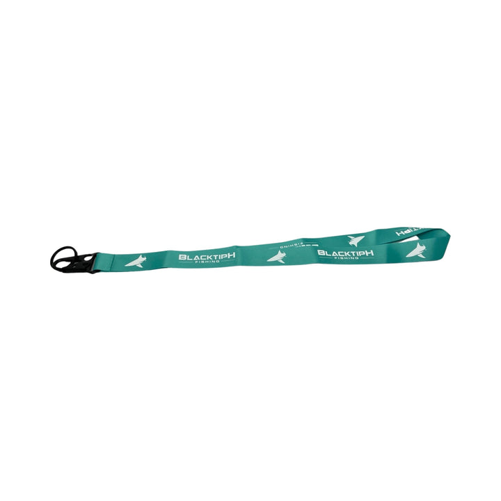 Aqua lanyard with crane clip by BlacktipH, showing bright blue nylon strap and sturdy metal clip for keys or ID badges.