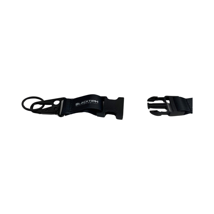 BlacktipH black lanyard with crane clip for holding ID badges or keys, made of durable material.