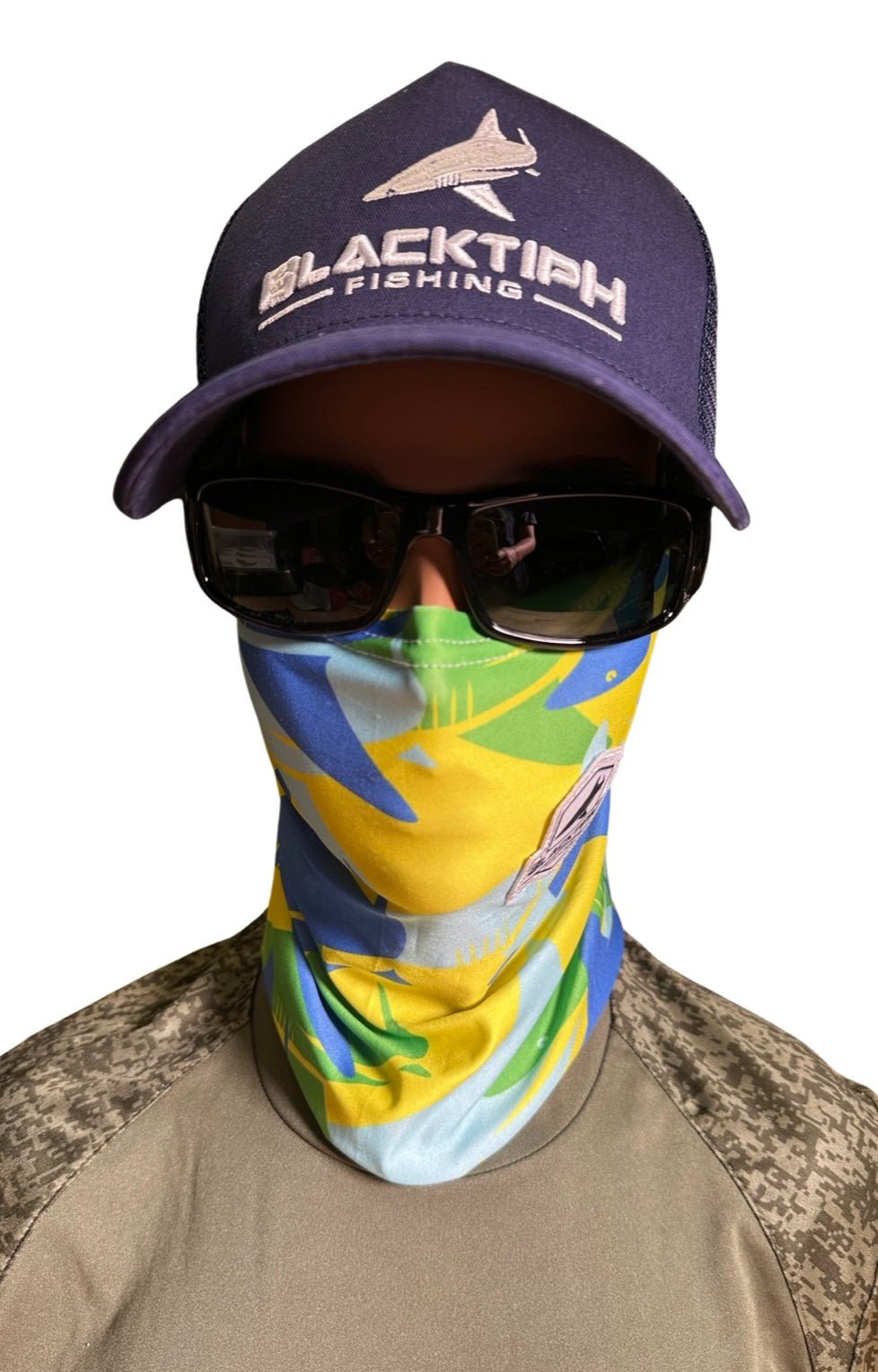 Yellow green BlacktipH performance face shield neck scarf featuring breathable fabric and versatile protection for outdoor activities.