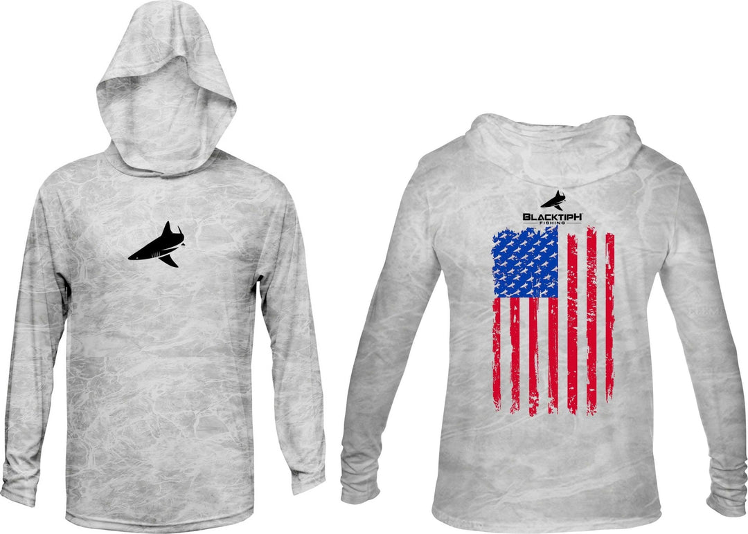 BlacktipH Patriotic distressed hoodie from performance collection with UPF 50+ sun protection, featuring a black and patriotic design.