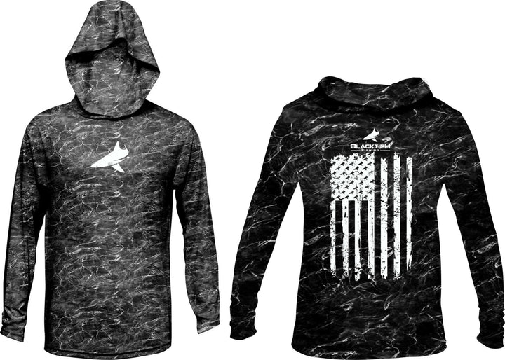 BlacktipH Patriotic Performance Hoodie with distressed design and UPF 50+ sun protection from BlacktipH's performance collection.