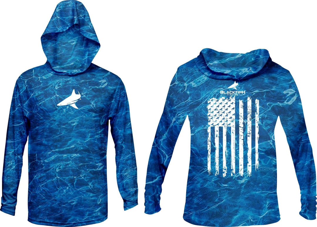 BlacktipH Patriotic Performance Hoodie, distressed black hoodie with UPF 50+ protection from BlacktipH's performance collection.