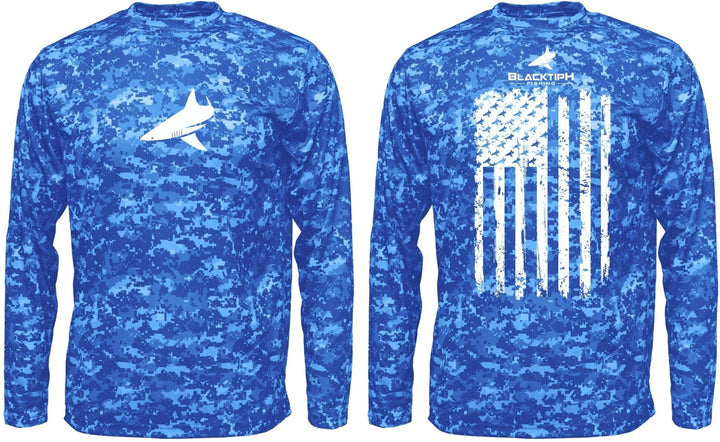 BlacktipH Youth Performance Shirt in digital camo with vertical flag design and UPF 50+ sun protection.