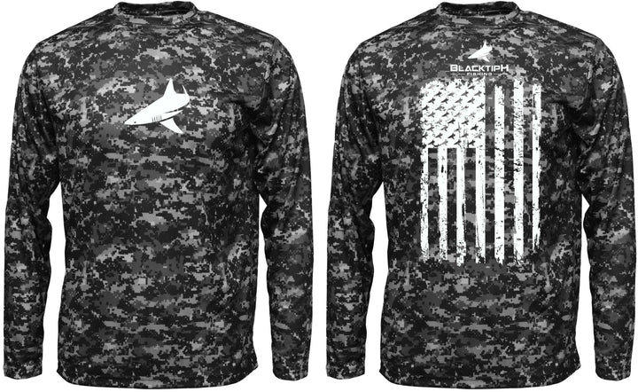 BlacktipH youth performance shirt with digital camo design and vertical flag, featuring UPF 50+ sun protection.