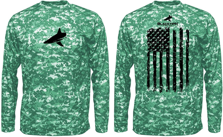 BlacktipH youth performance shirt with digital camo design, vertical flag, and UPF 50+ sun protection.