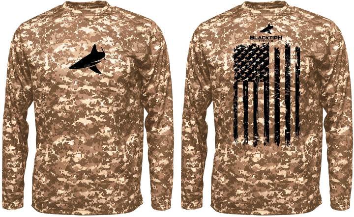 BlacktipH youth performance shirt in digital camo with vertical flag design and UPF 50+ sun protection