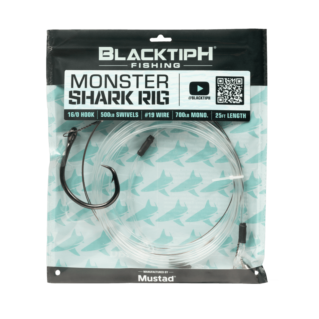 Mustad BlacktipH Monster Shark Rig with 16/0 hook and #19 wire, designed for big game shark fishing.