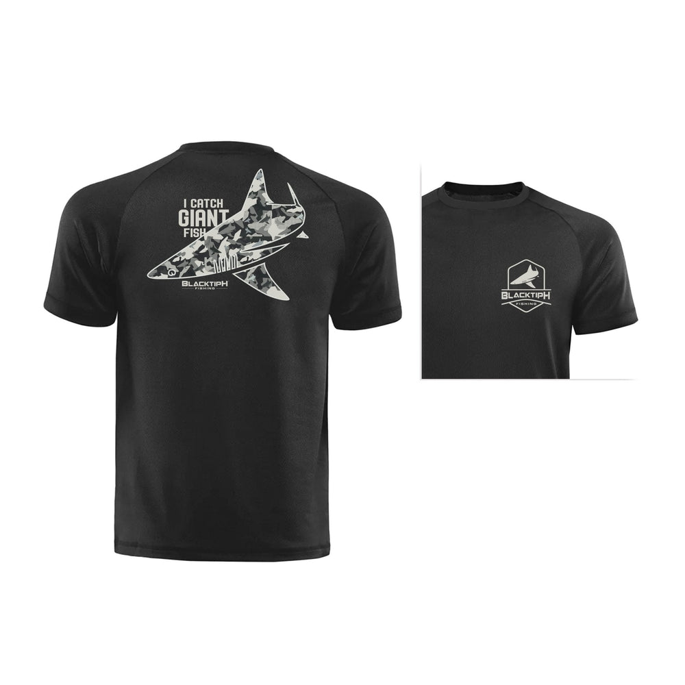 BlacktipH I Catch Giant Fish lifestyle cotton blend T-shirt featuring a fishing graphic on a casual, comfortable shirt.