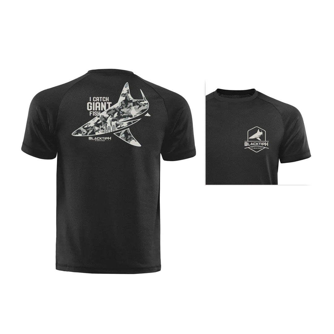 BlacktipH I Catch Giant Fish lifestyle cotton blend T-shirt featuring a fishing graphic on a casual, comfortable shirt.