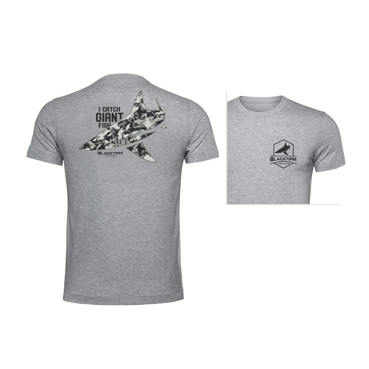 BlacktipH I Catch Giant Fish lifestyle cotton blend T-shirt featuring a graphic of a large fish and fishing scene.