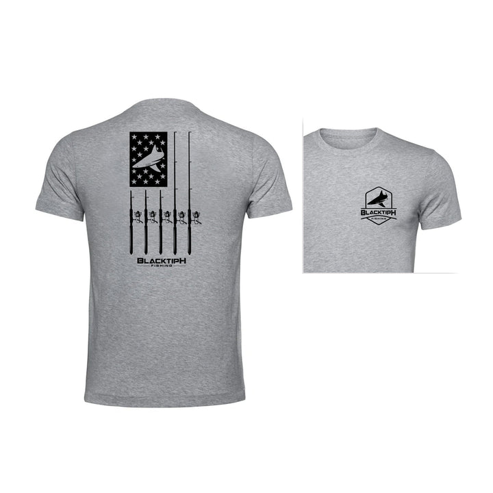 BlacktipH Reels & Rods Lifestyle cotton blend T-shirt showing a casual fit with reel and rod graphics on the front.