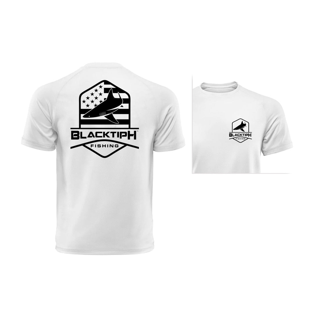 BlacktipH Stars, Stripes, & Shark cotton blend T-Shirt with patriotic star and shark print on a casual shirt.