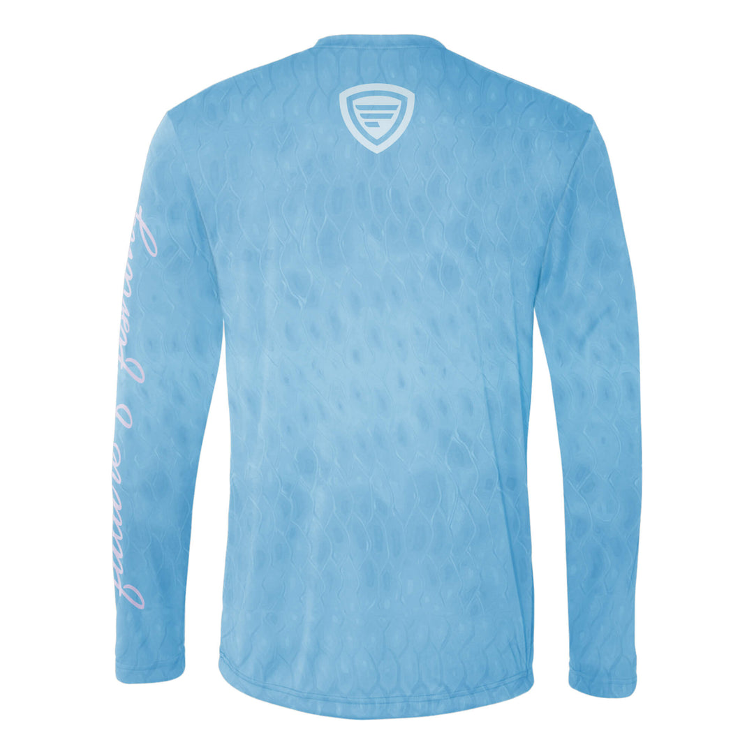 Favorite Fishing Performance Long Sleeve Scalz T-Shirt in blue with a moisture-wicking fabric and sporty design.