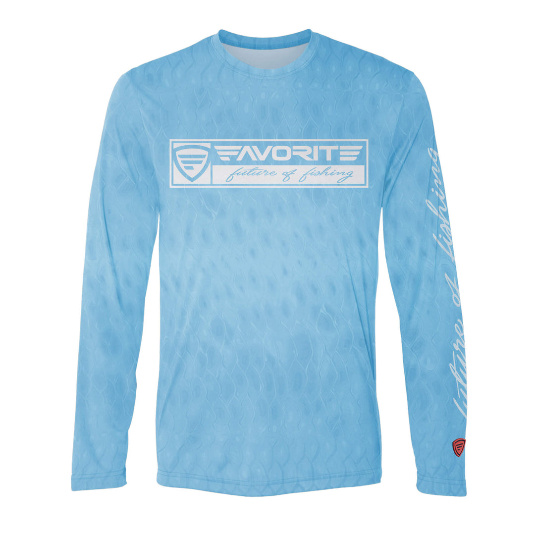 Favorite Fishing Performance Long Sleeve Scalzi T-Shirt featuring a blue scale design, ideal for fishing and outdoor activities.