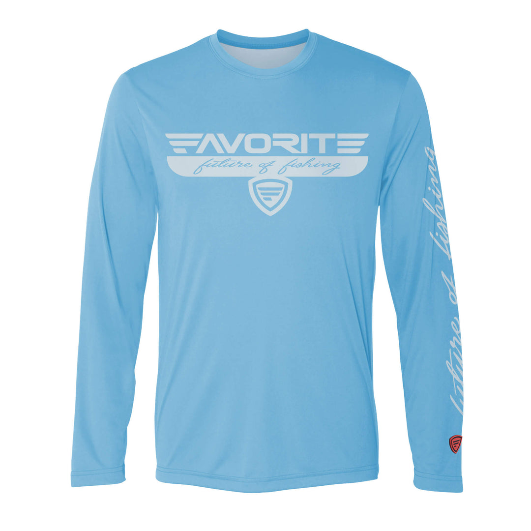 Blue solid long sleeve T-shirt from Favorite Fishing, made of performance fabric, displayed flat on a white background.