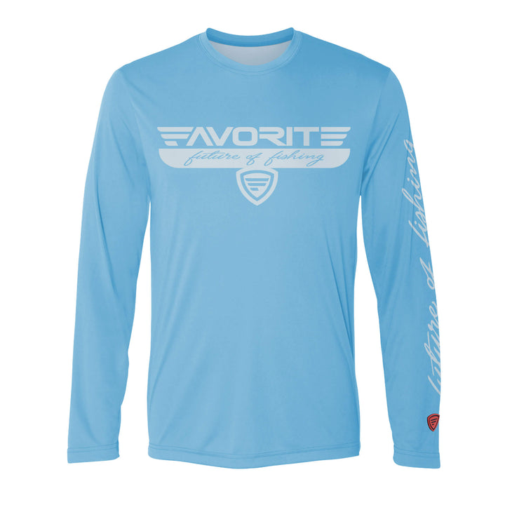 Blue solid long sleeve T-shirt from Favorite Fishing, made of performance fabric, displayed flat on a white background.