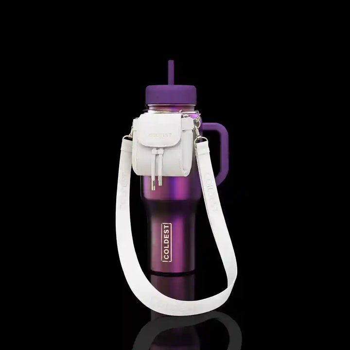 Coldest mini backpack with squeeze holder, key hanger, and mint box, featuring a white bottle and silver accents.