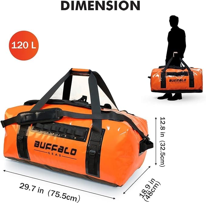 Buffalo Gear 127QT orange duffel bag with waterproof zipper, rugged dry bag for outdoor and travel use.