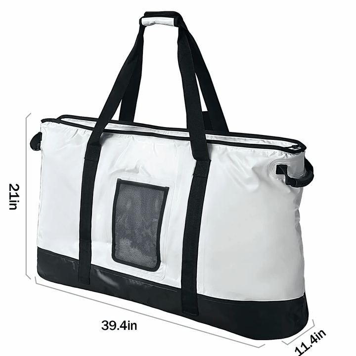 Buffalo Gear 106QT fish cooler bag with YKK zipper, insulated fish storage bag for keeping catches fresh during fishing trips.