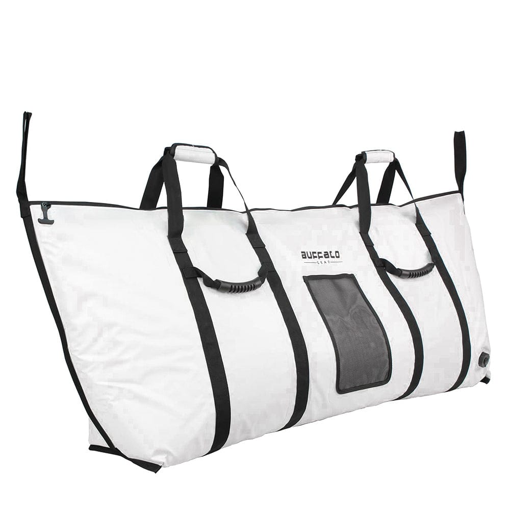 Buffalo Gear 60x20-inch fish cooler bag with YKK zipper and flat bottom, insulated for keeping fish fresh during outdoor trips.