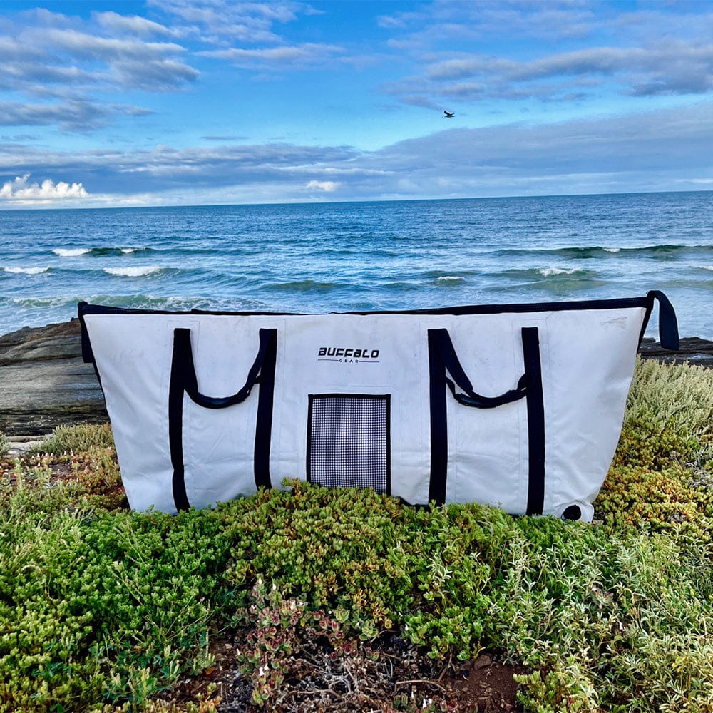 Buffalo Gear 60x20-inch fish cooler bag with YKK zipper and flat bottom for keeping fish fresh during fishing trips.