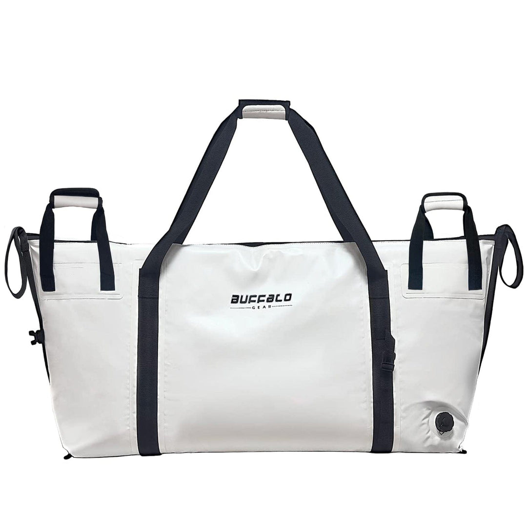 Buffalo Gear 84QT fish cooler bag with flat bottom, insulated for keeping catches fresh, shown with open top and sturdy handles.