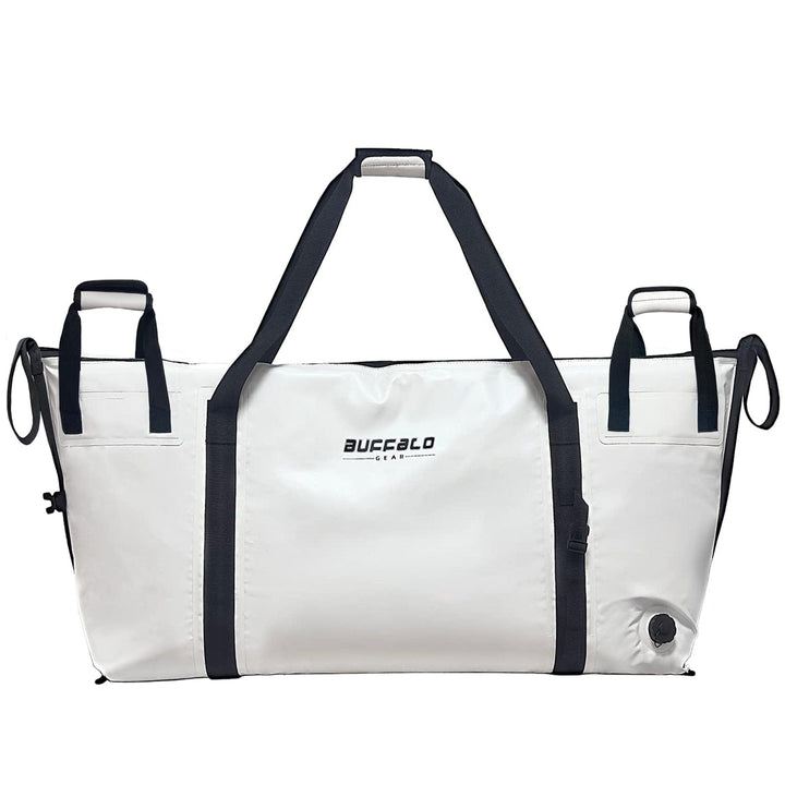Buffalo Gear 84QT fish cooler bag with flat bottom, insulated for keeping catches fresh, shown with open top and sturdy handles.