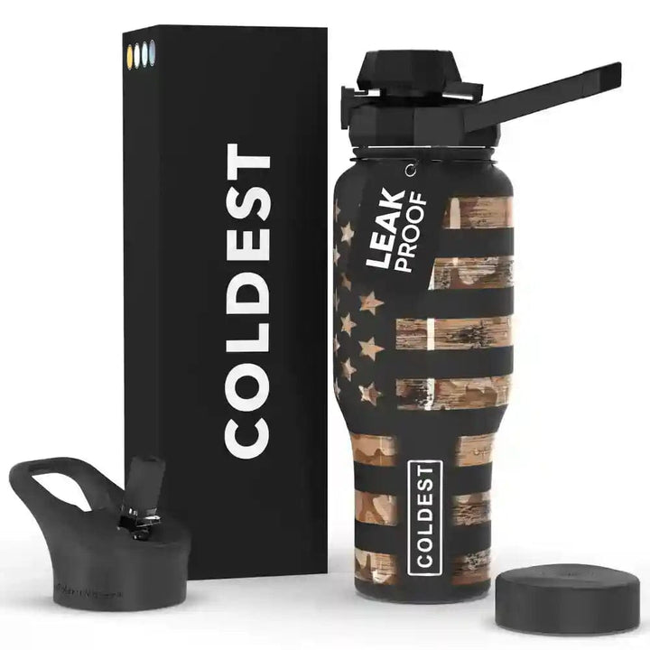Coldest 36oz universal water bottle in stainless steel with a black lid, designed for keeping drinks cold or hot.