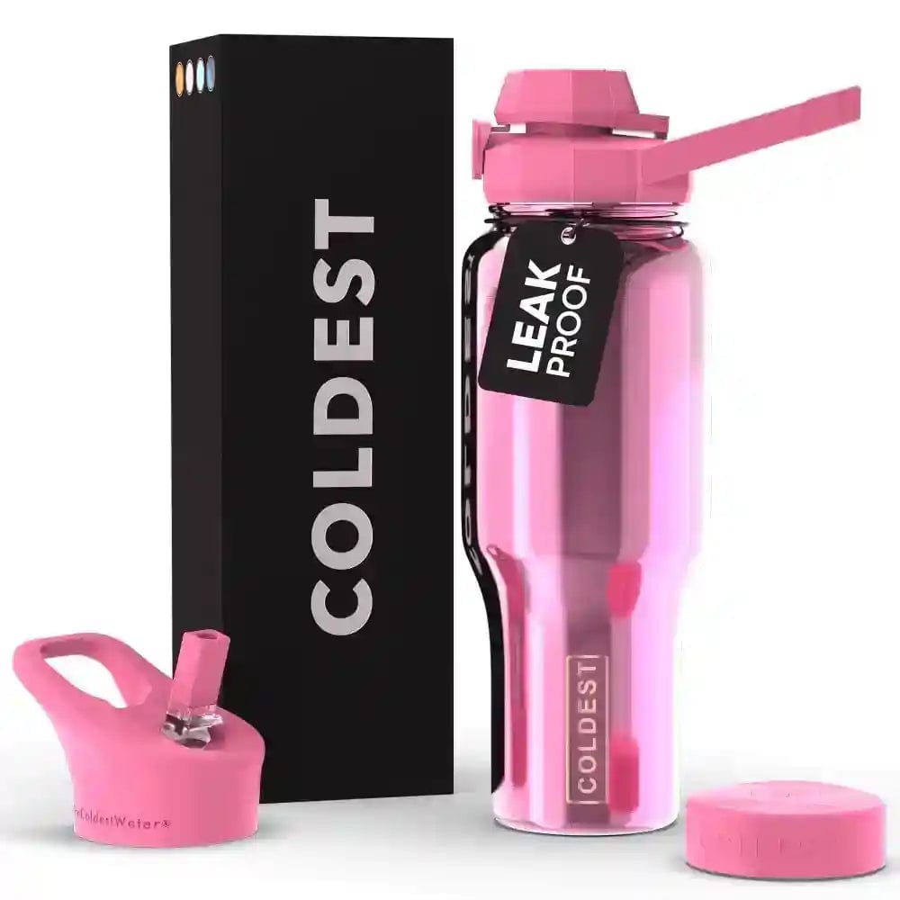 Coldest 36oz Universal water bottle in stainless steel with a black lid and ergonomic design for hydration on the go