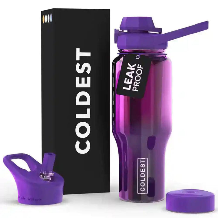 Coldest 36oz water bottle in black with a flip-top lid and built-in handle, designed for cold beverages and durability.