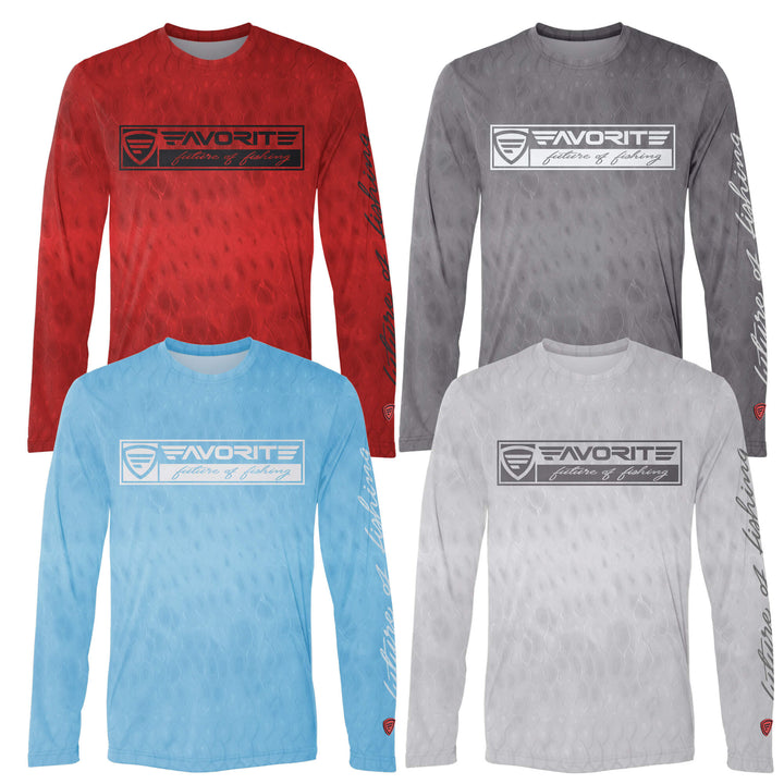 Favorite Fishing Performance Long Sleeve Scalz T-Shirt showing the moisture-wicking fabric and sporty fit.
