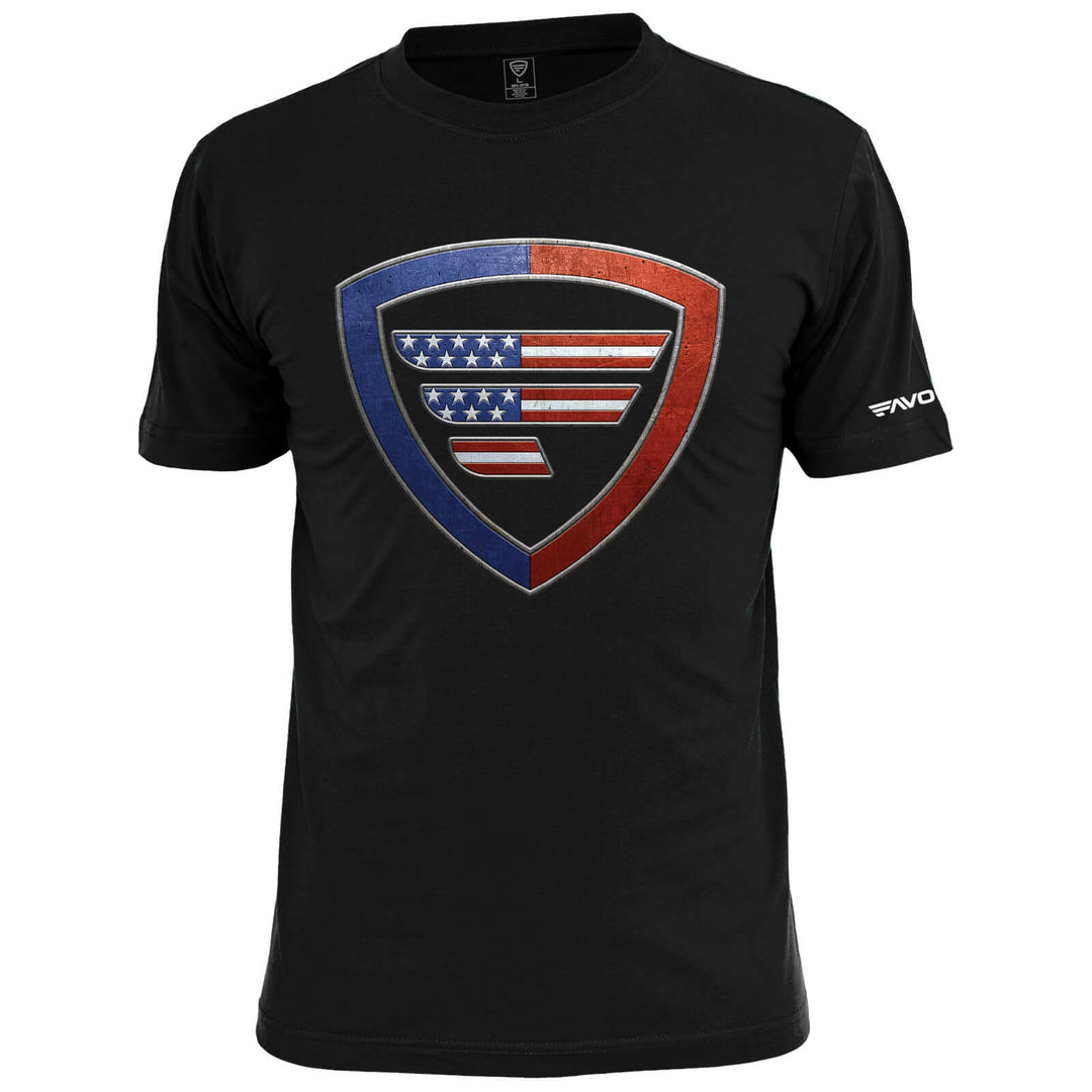 Black Defender Shield T-Shirt from Favorite Fishing, showcasing a comfortable casual shirt with a shield graphic design.