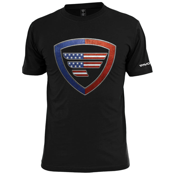 Black Defender Shield T-Shirt from Favorite Fishing, showcasing a comfortable casual shirt with a shield graphic design.