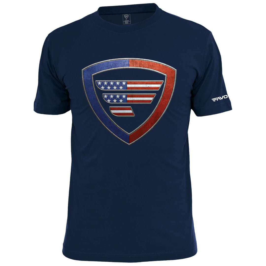 Navy Defender Shield T-Shirt by Favorite Fishing, casual shirts and tops with a shield graphic on the front.
