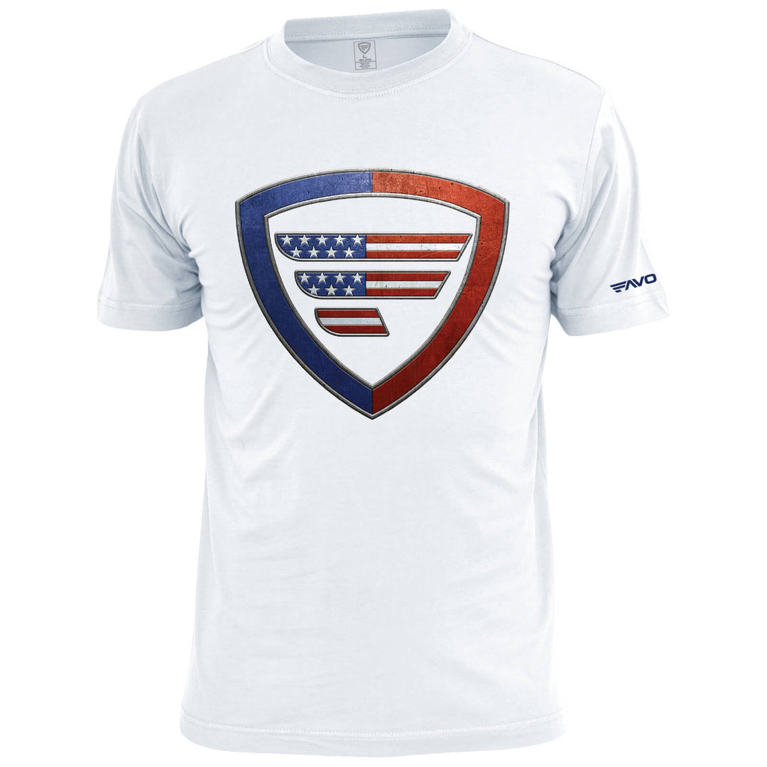 White Defender Shield T-Shirt by Favorite Fishing, casual shirt featuring a shield graphic on the front, made from soft fabric.