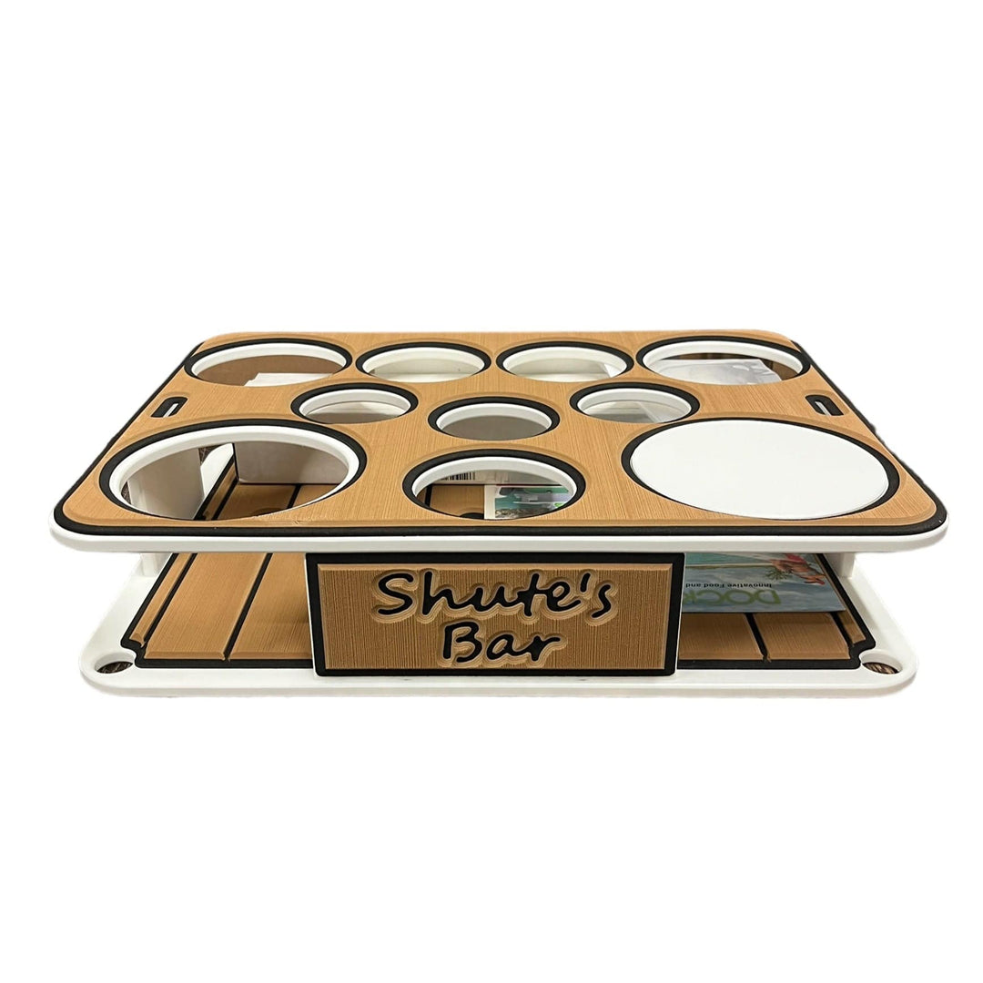 Custom boat name added to decking kit by Docktail Bar, showing personalized font and letter style on boat surface.