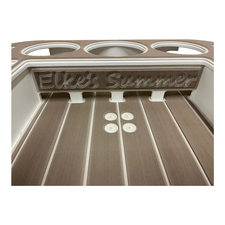 Custom boat name displayed on decking kits showing font and letter style options for boat lettering by Docktail Bar