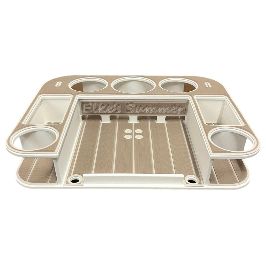 Custom boat name added to decking kit by Docktail Bar, featuring selected font and letter style on boat surface.