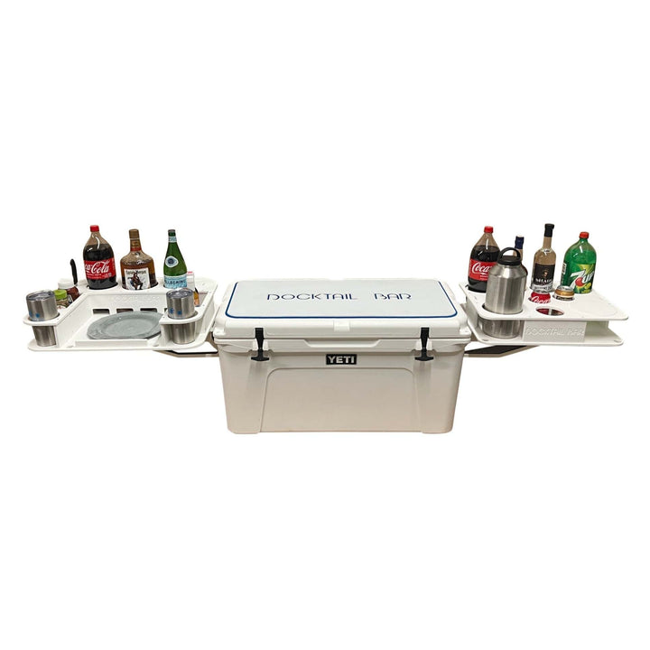 Docktail Bar Yeti Tundra Cooler with built-in cup holders and table system for convenient outdoor use.