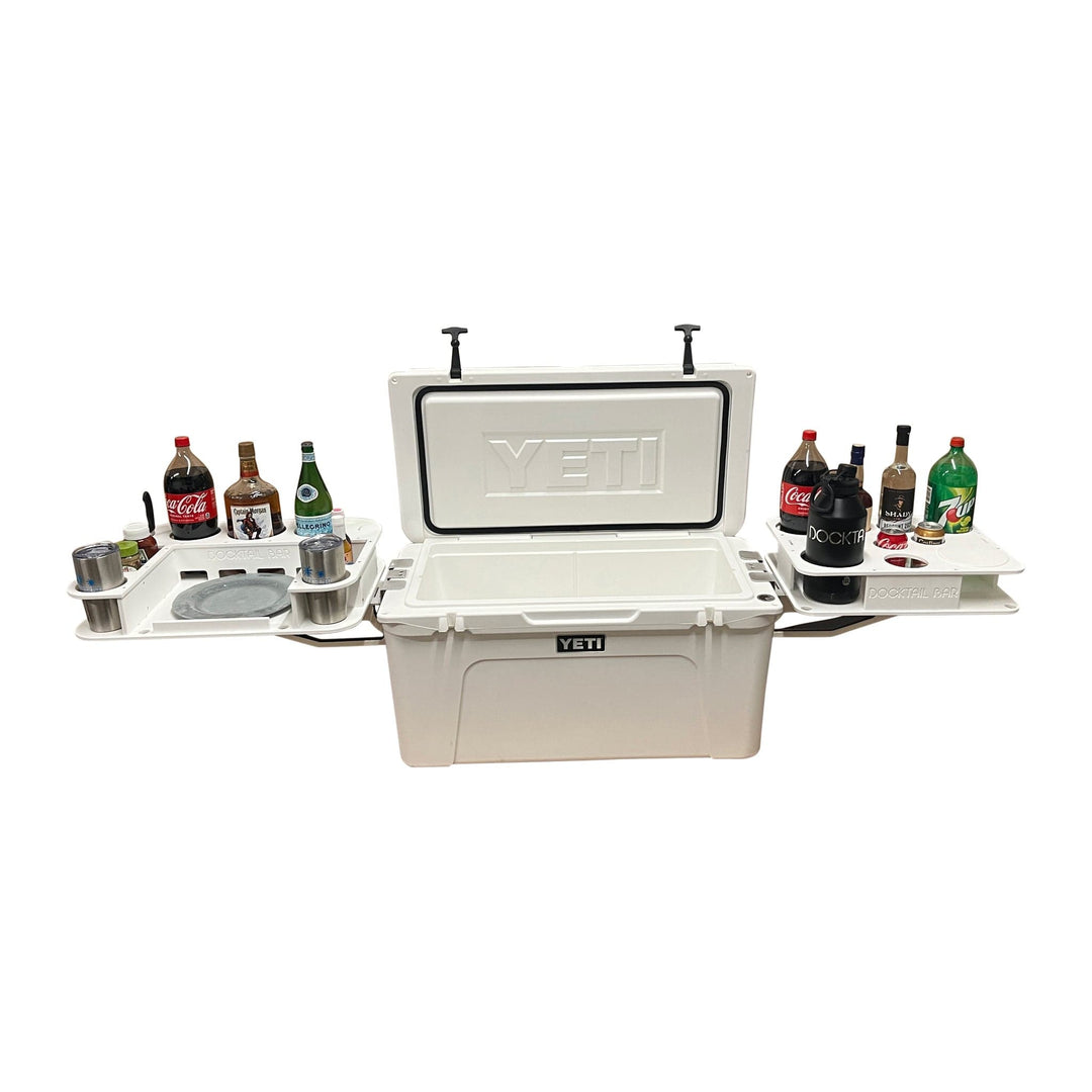 Docktail Bar Yeti Tundra Cooler with built-in cup holder and table system for outdoor drinks and social gatherings.