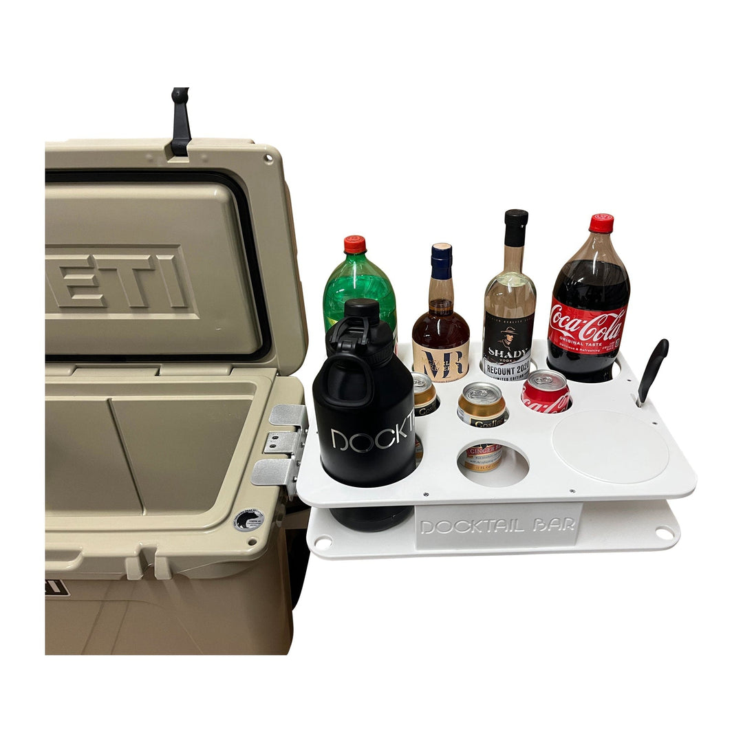 Docktail Bar Yeti Tundra Cooler Cooler Table system with cup holders and mounting features for outdoor use.