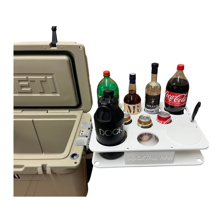 Docktail Bar Yeti Tundra Cooler Cooler Table system with cup holders and mounting features for outdoor use.