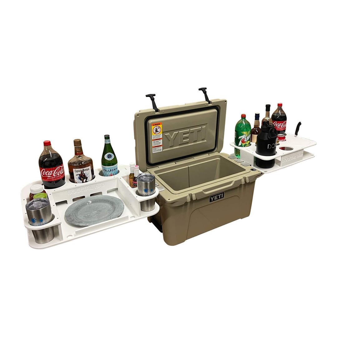 Docktail Bar Yeti Tundra Cooler table system with cup holders, mounted on a durable cooler, offering convenient outdoor drink access