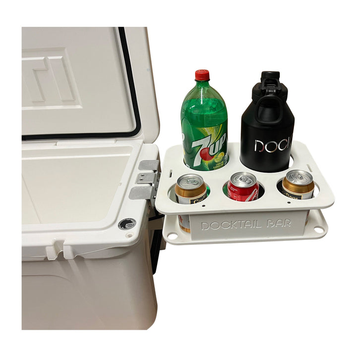 Docktail Bar Yeti Tundra Cooler with mount and table system, featuring integrated cup holders and a convenient table surface.